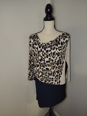Chico's Cream and Black Leopard-Print Colorblock Top